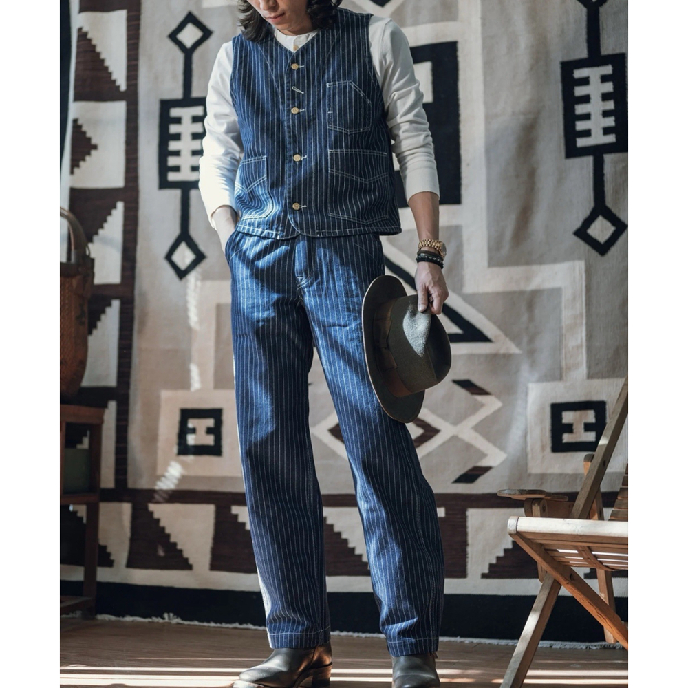 Non Stock Retro Amekaji Men's Wabash Stripe Vest Railroad Work Denim Waistcoats - Picture 2 of 16